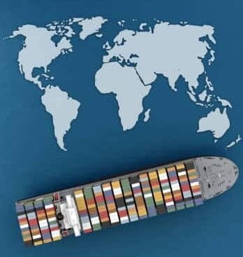earth map mockup on container ship stay in the sea top view. 3d rendering صادرات گچ سمنان